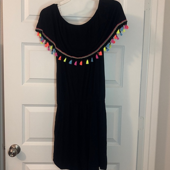 7th RAY Black multi Tassel Romper off shoulder SZ XL w/pockets vacay resort NWT - Picture 2 of 13